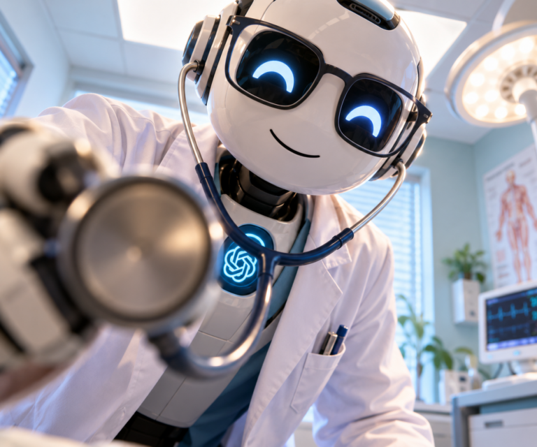 Szemüveges robot orvos fehér köpenyben és sztetoszkóppal a beteg fölé hajol