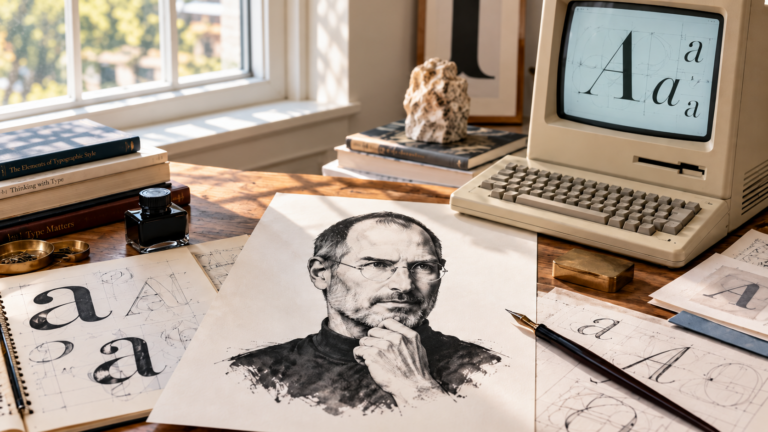 Steve Jobs portréja egy tipográfiai munkafelületen, kalligráfiai lapok és számítógépes billentyűzet mellett