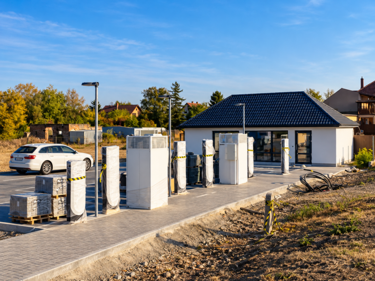 Épülő Tesla Supercharger töltőállomás Füzesabonyban, becsomagolt töltőoszlopokkal és kiszolgálóépülettel.