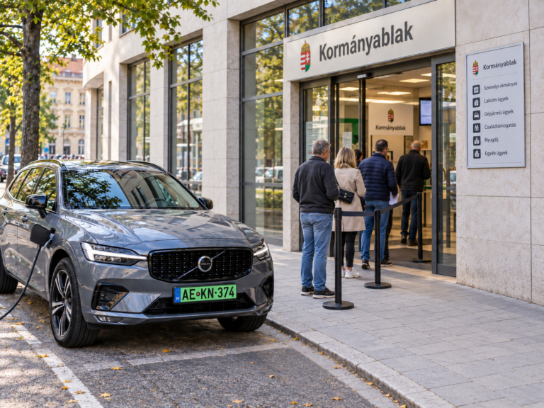 Plug-in hibrid autó zöld rendszámmal egy kormányablak előtt, ahol néhányan sorban állnak rendszámcsere ügyintézéshez.